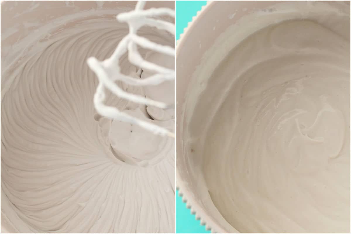 Two photo collage showing whipped cream in a stand mixer and then condensed milk added and mixed in. 
