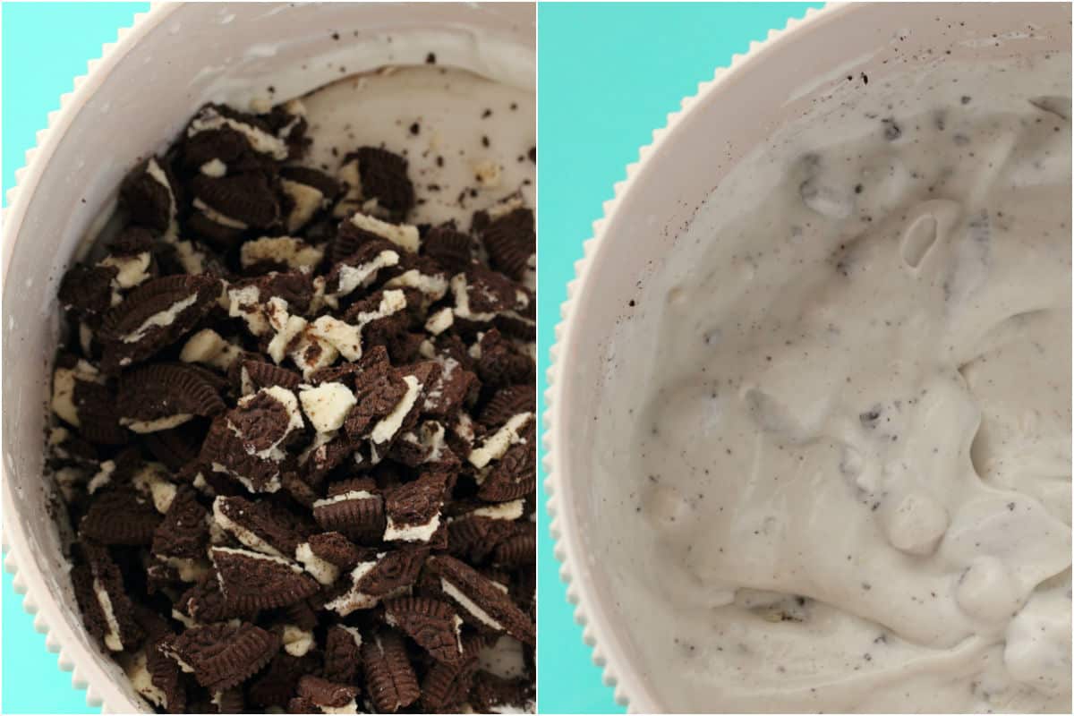 Two photo collage showing oreo cookies added to stand mixer and mixed in.