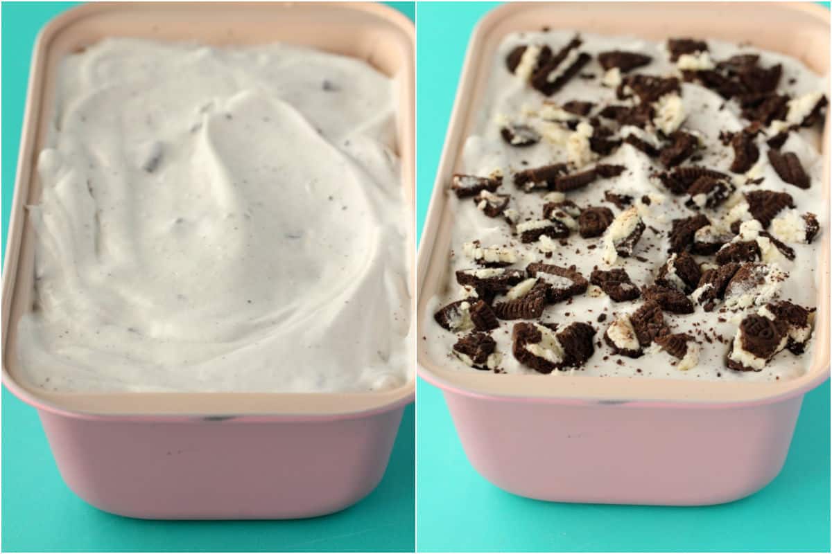 Two photo collage showing ice cream smoothed down into loaf pan and oreo cookies crumbled on top.