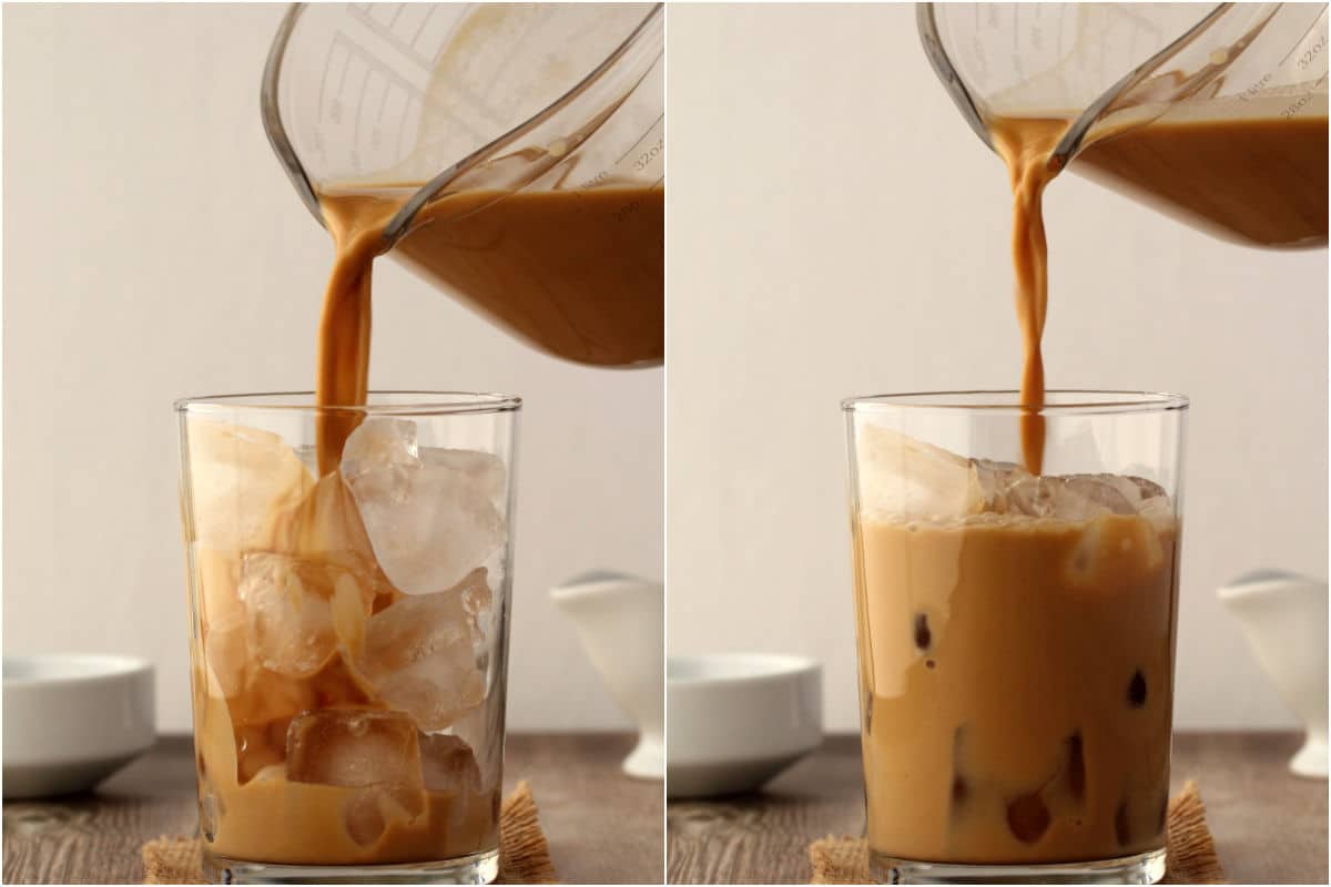 Vegan iced coffee poured over ice blocks in a glass.