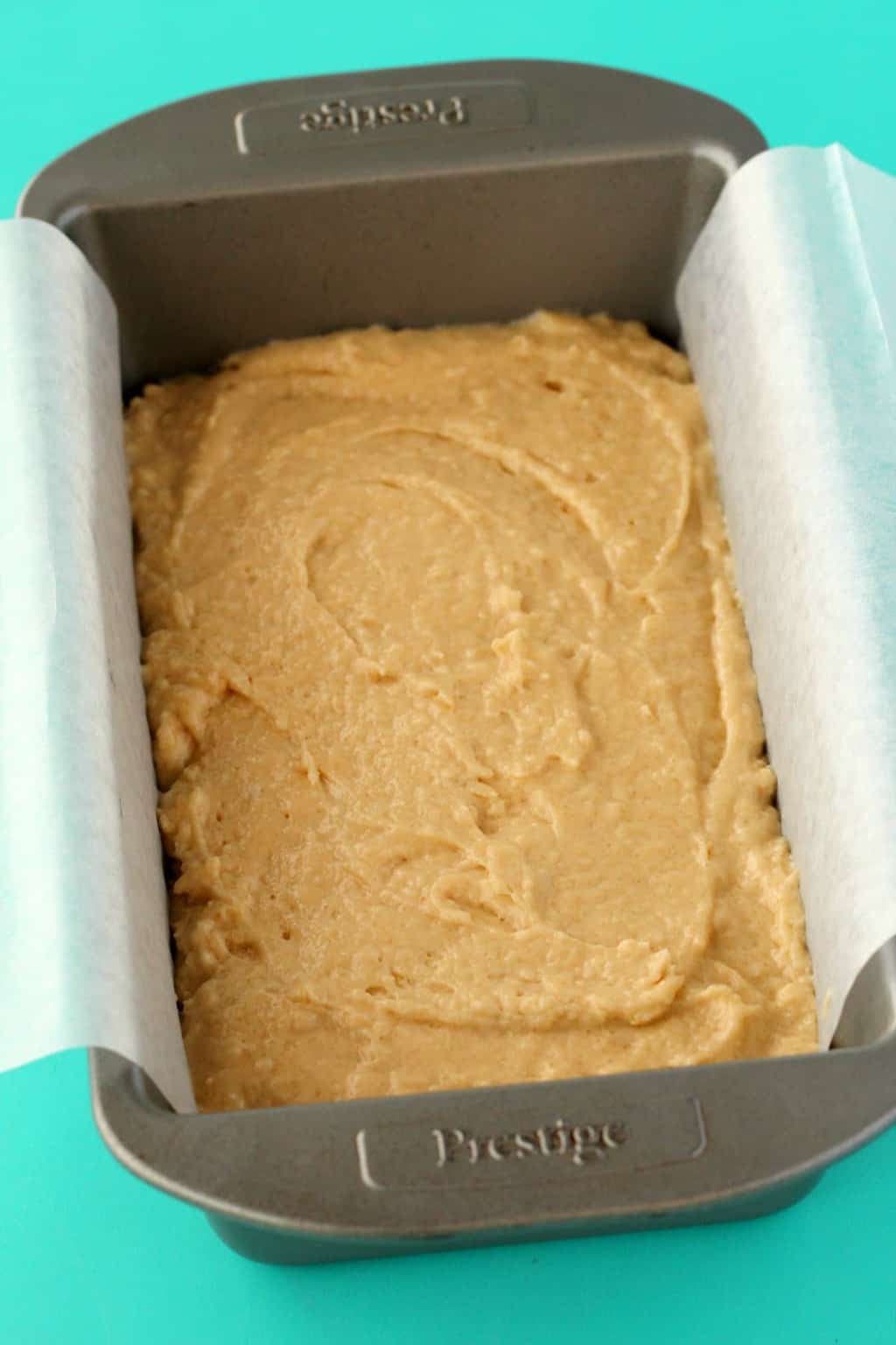 Vegan Pound Cake batter in a loaf pan ready to go into the oven. 