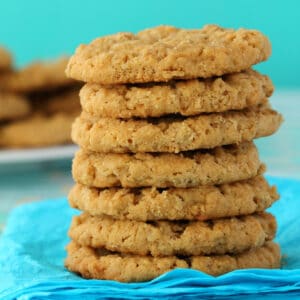 Vegan peanut butter oatmeal cookies in a stack.