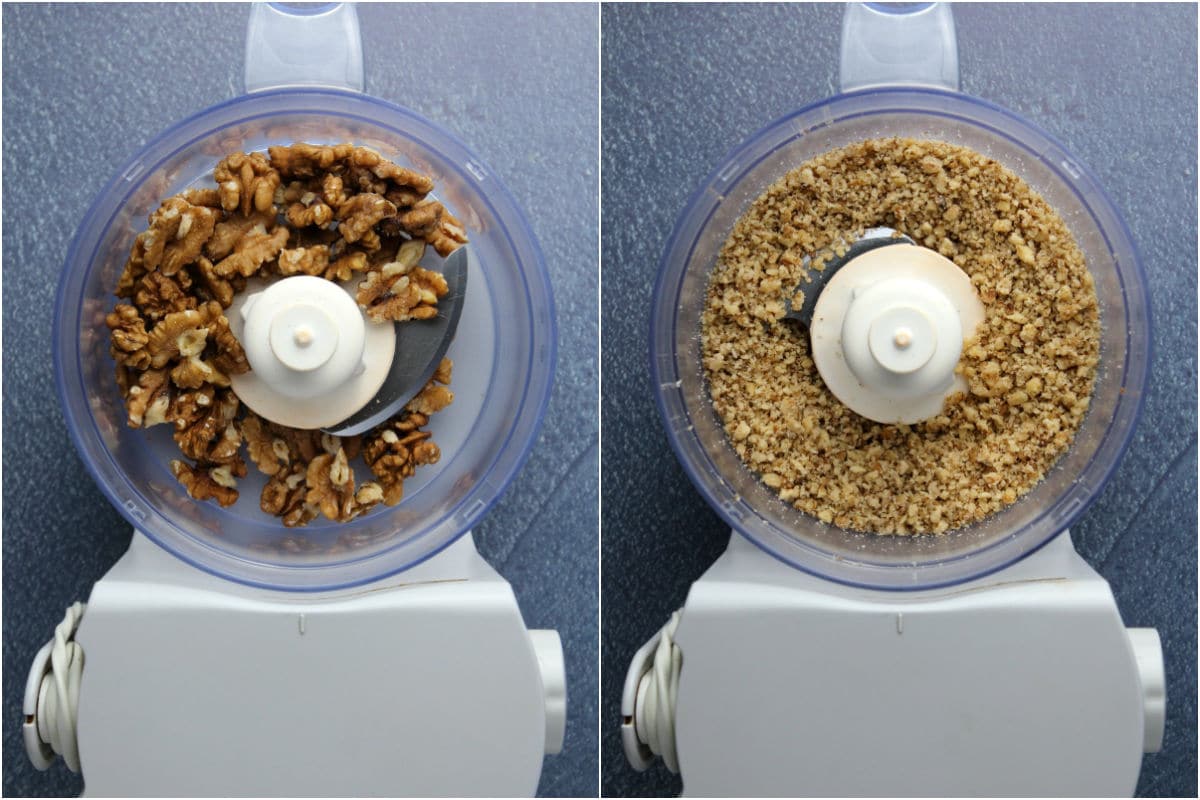 Collage of two photos showing walnuts added to food processor and processed into crumbs. 