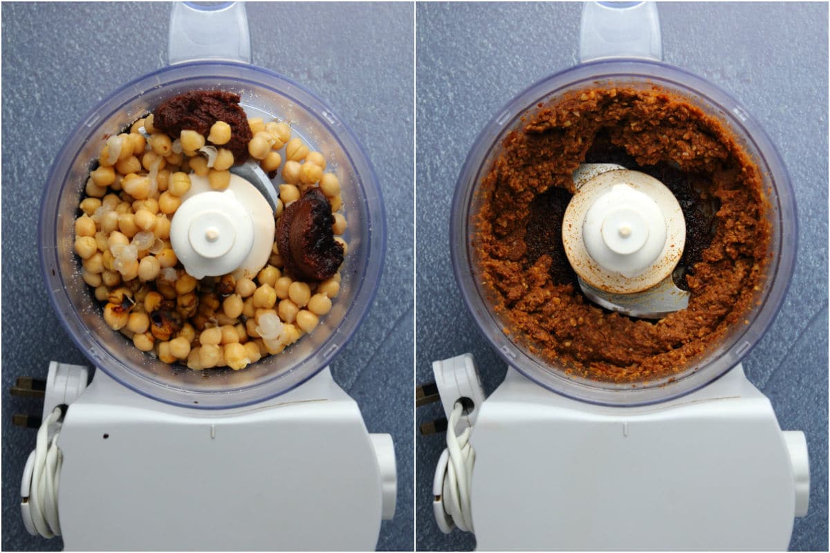 Two photo collage showing chickpeas, soy sauce and tomato paste added to food processor and processed.