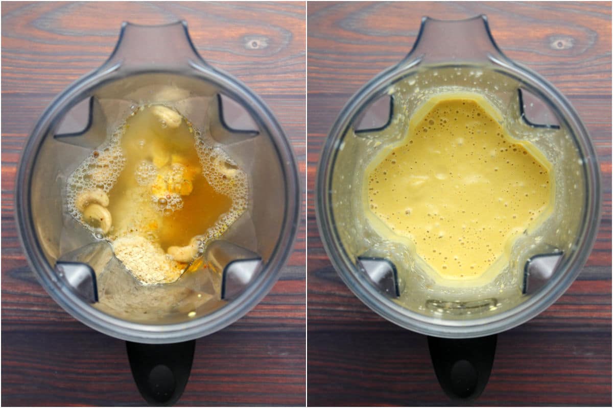 Two photo collage showing blender jug with nacho cheese ingredients before and after blending.