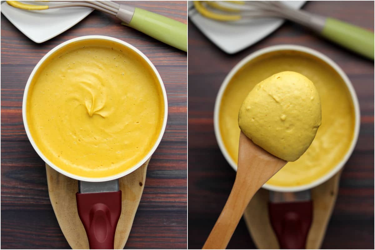 Two photo collage showing nacho cheese in a saucepan and thickened.