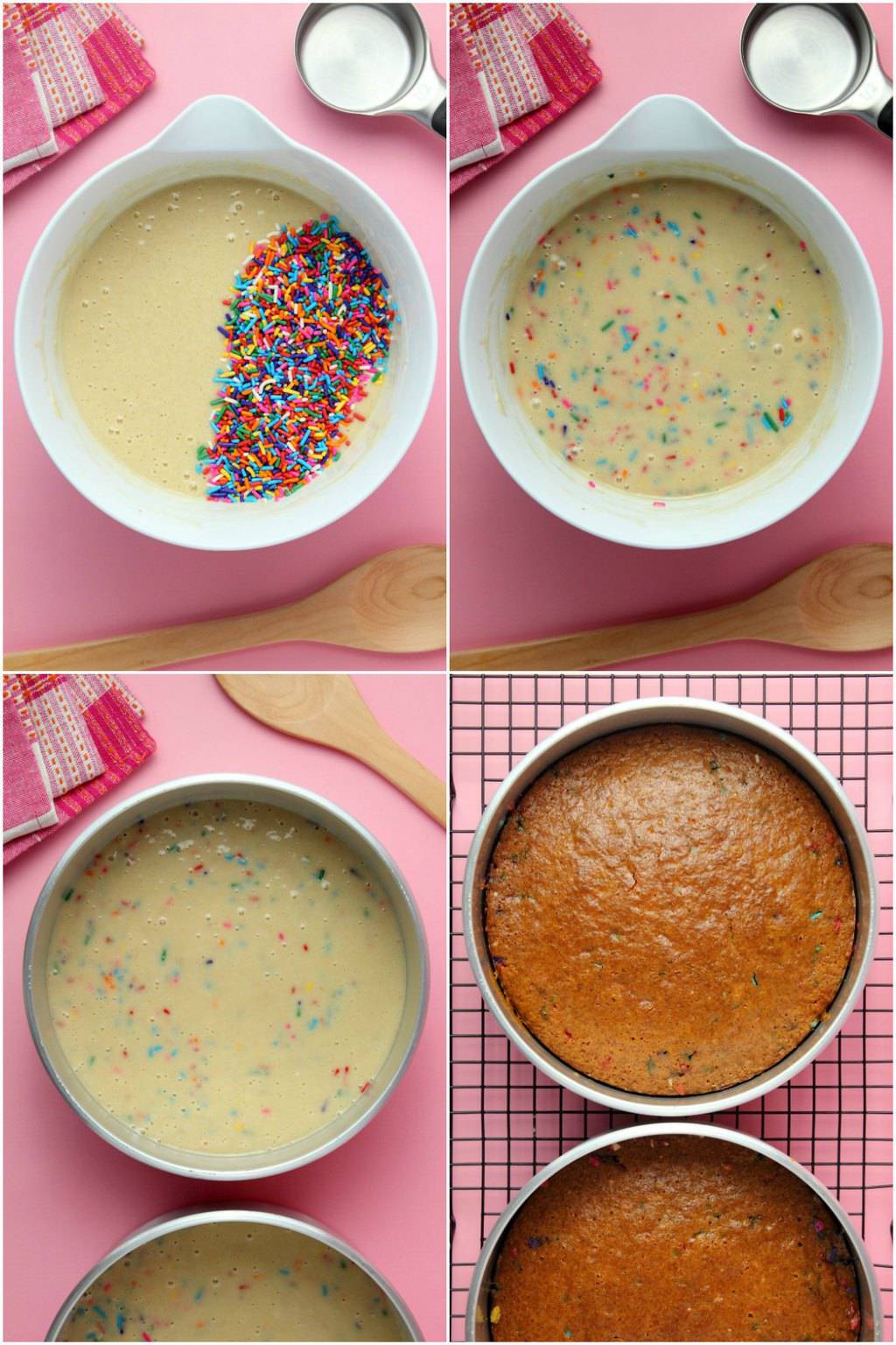 Step by step photo collage of making a vegan funfetti cake. 