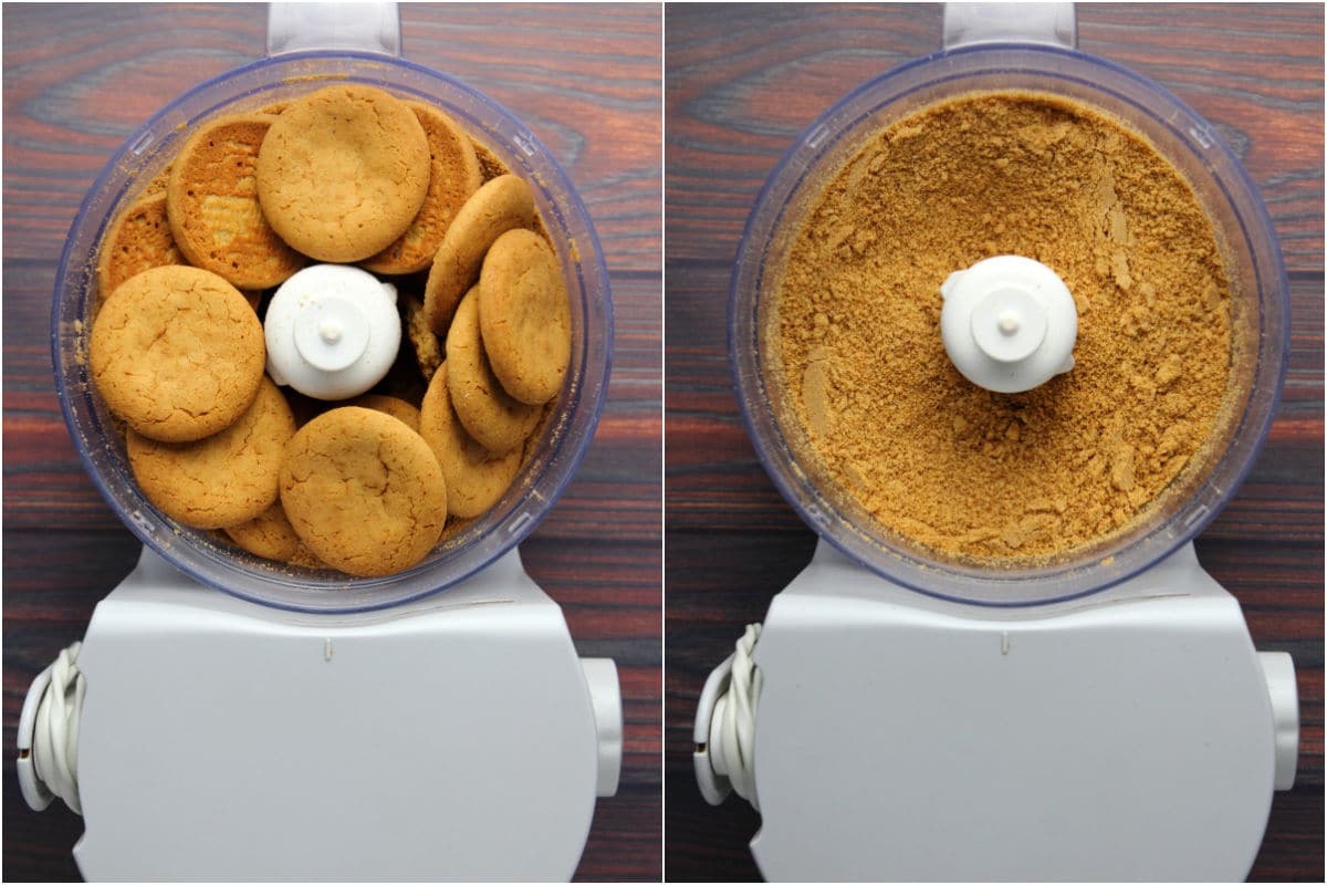 Two photo collage showing ginger cookies added to food processor and processed into crumbles. 