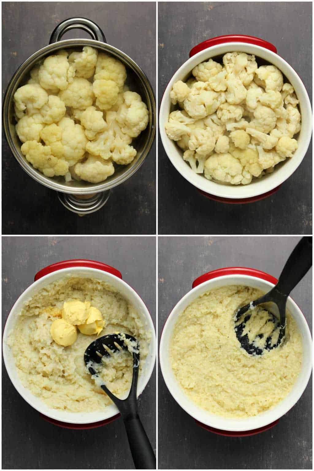 Process photo collage showing the making of vegan cauliflower mashed potatoes.