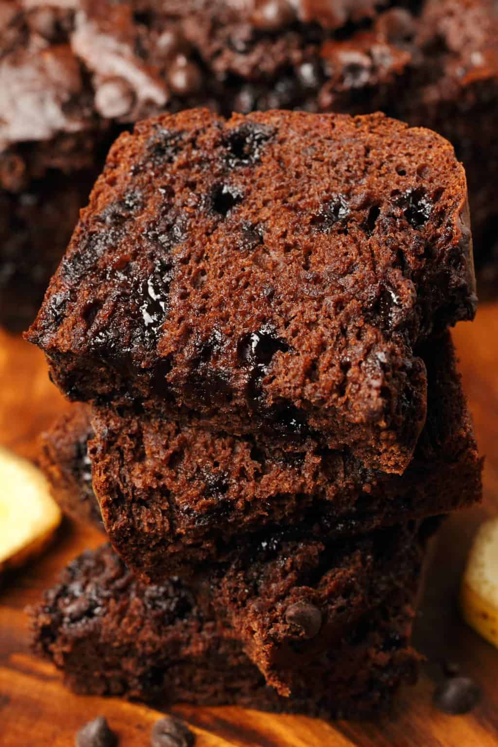 Slices of vegan chocolate banana bread in a stack. 