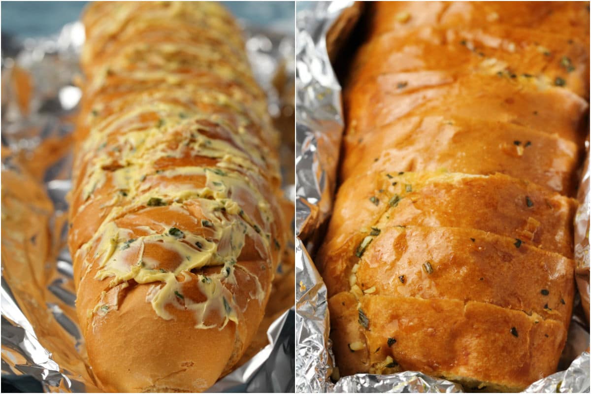 Vegan garlic bread before and after baking.
