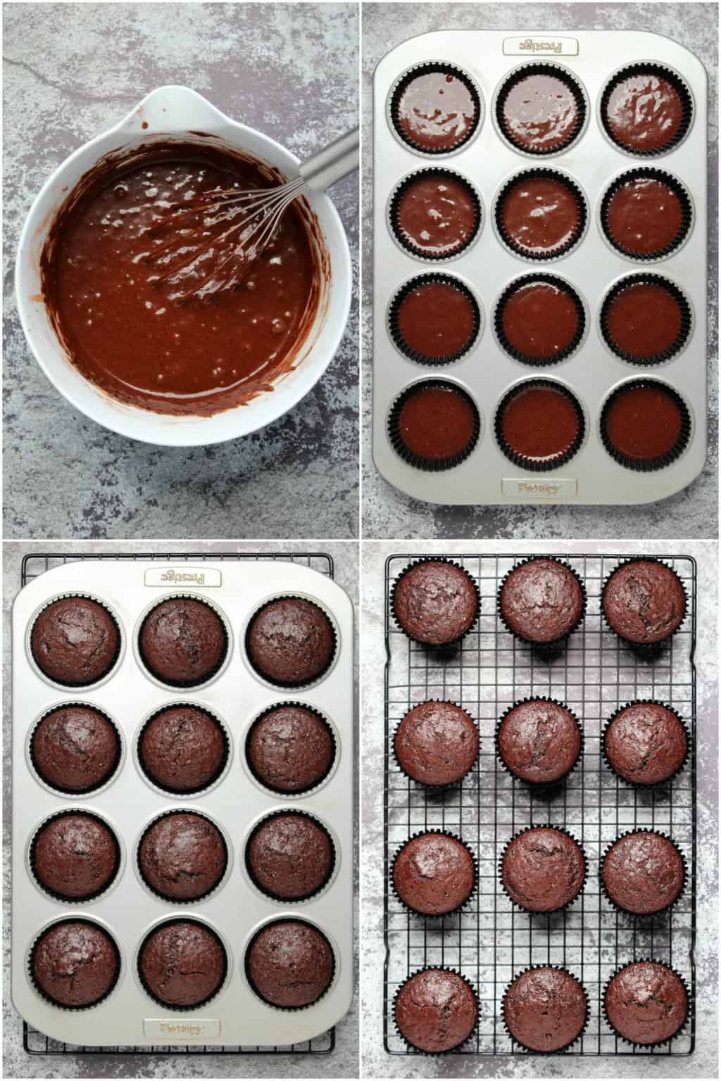 Step by step process photo collage of making a vegan chocolate cupcakes recipe.