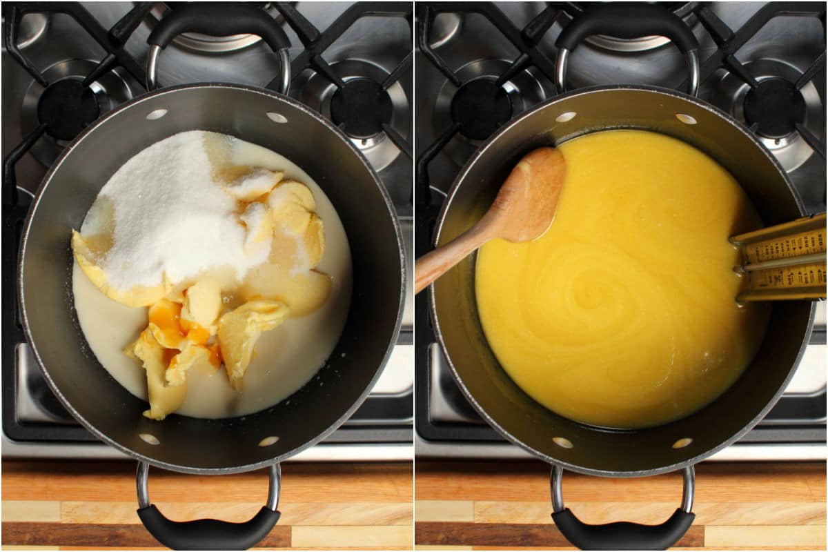 Two photo collage showing vegan butter, sugar, syrup, soy milk and salt added to pot and melted together. 