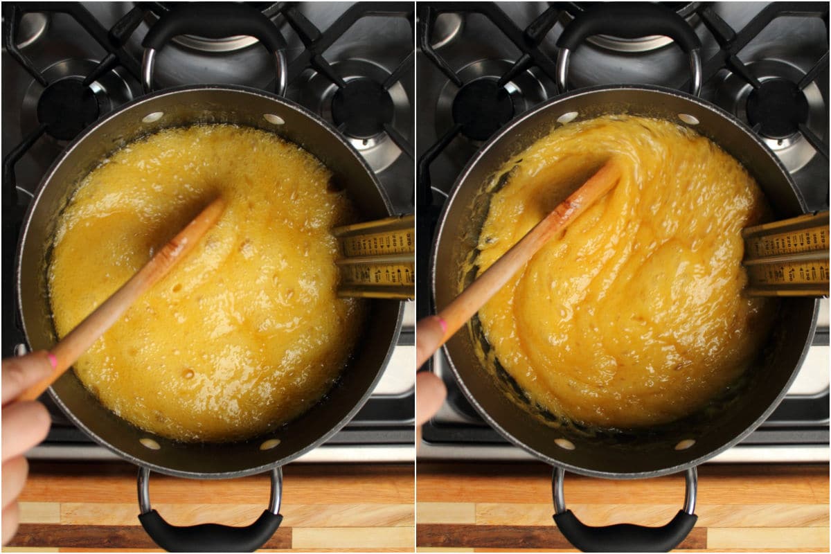 Two photo collage showing boiling toffee mix in a pot.