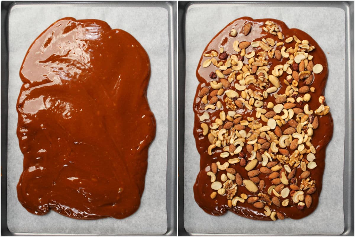Two photo collage showing vegan toffee on a parchment lined baking sheet and then with nuts on top.