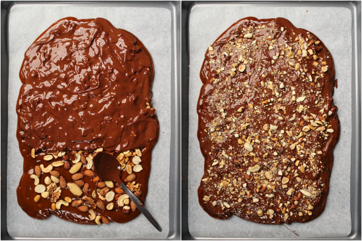 Two photo collage showing spreading vegan chocolate on top of toffee and nuts and then with more nuts on top.