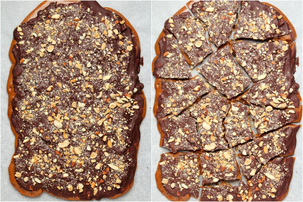 Two photo collage showing set toffee and then broken into pieces.