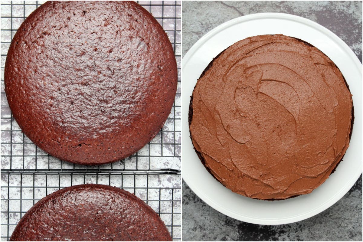 Two photo collage showing chocolate cakes cooling on a wire cooling rack and then frosting the cake on a white cake stand.
