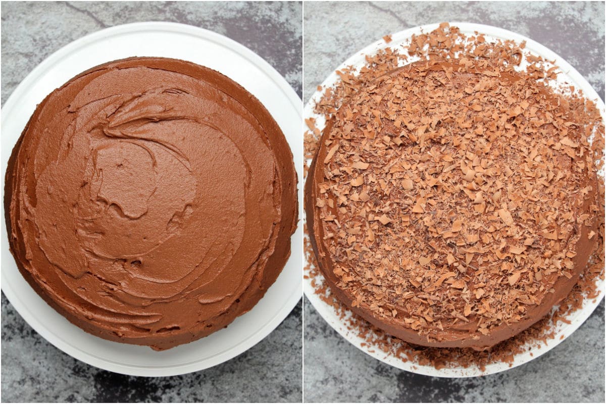 Collage of two photos showing frosting and decorating a chocolate cake on a white cake stand.