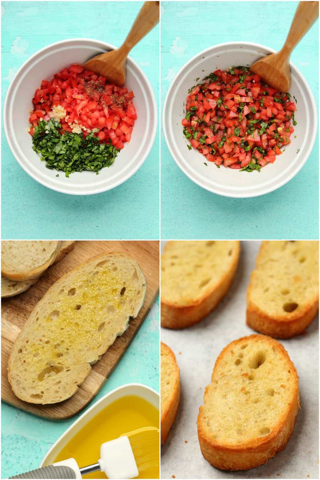 Step by step process photo collage of making vegan bruschetta. 