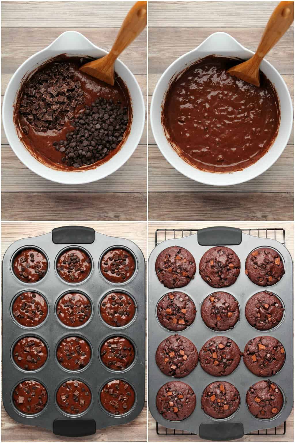 Step by step process photo collage of making double chocolate vegan chocolate muffins. 