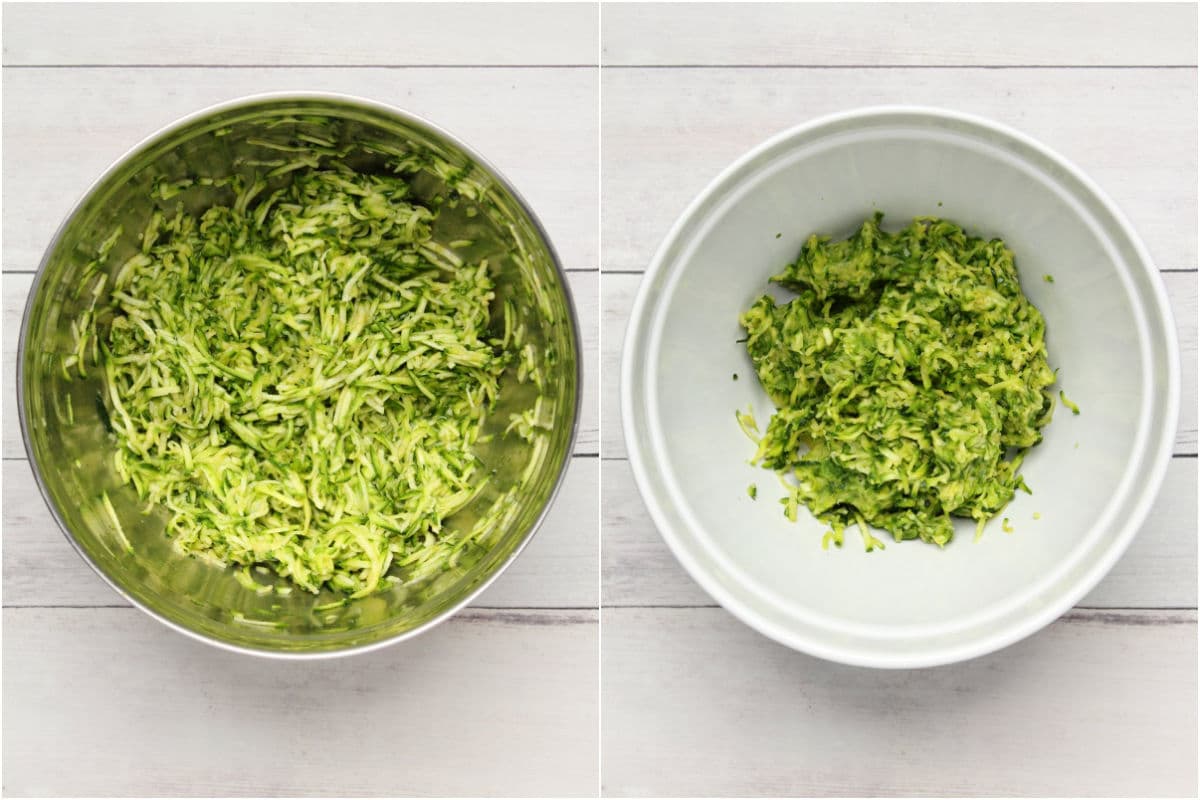 Two photo collage showing grated zucchini added to bowl with salt and then the squeezed zucchini in a separate bowl. 