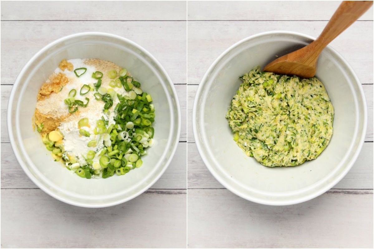 Two photo collage showing ingredients for zucchini fritters added to bowl and mixed together.