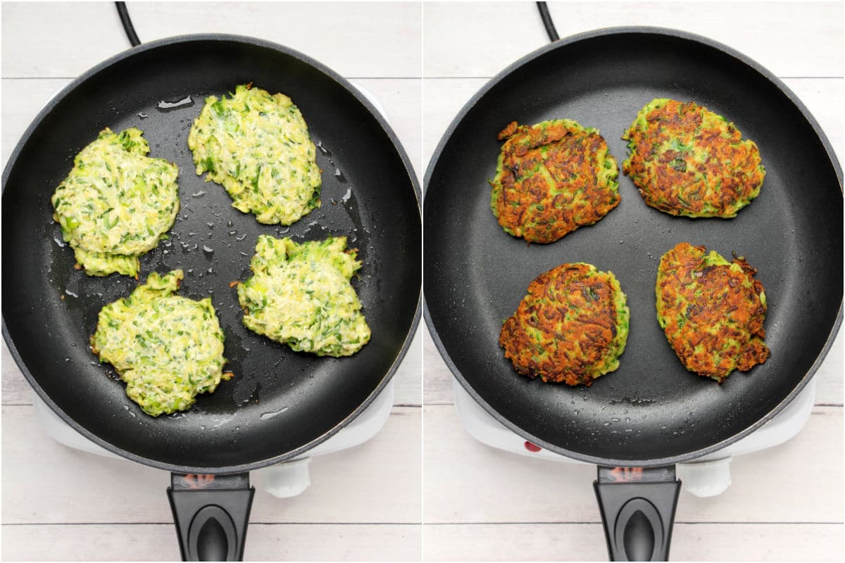 Two photo collage showing zucchini fritters in frying pan and then flipped.