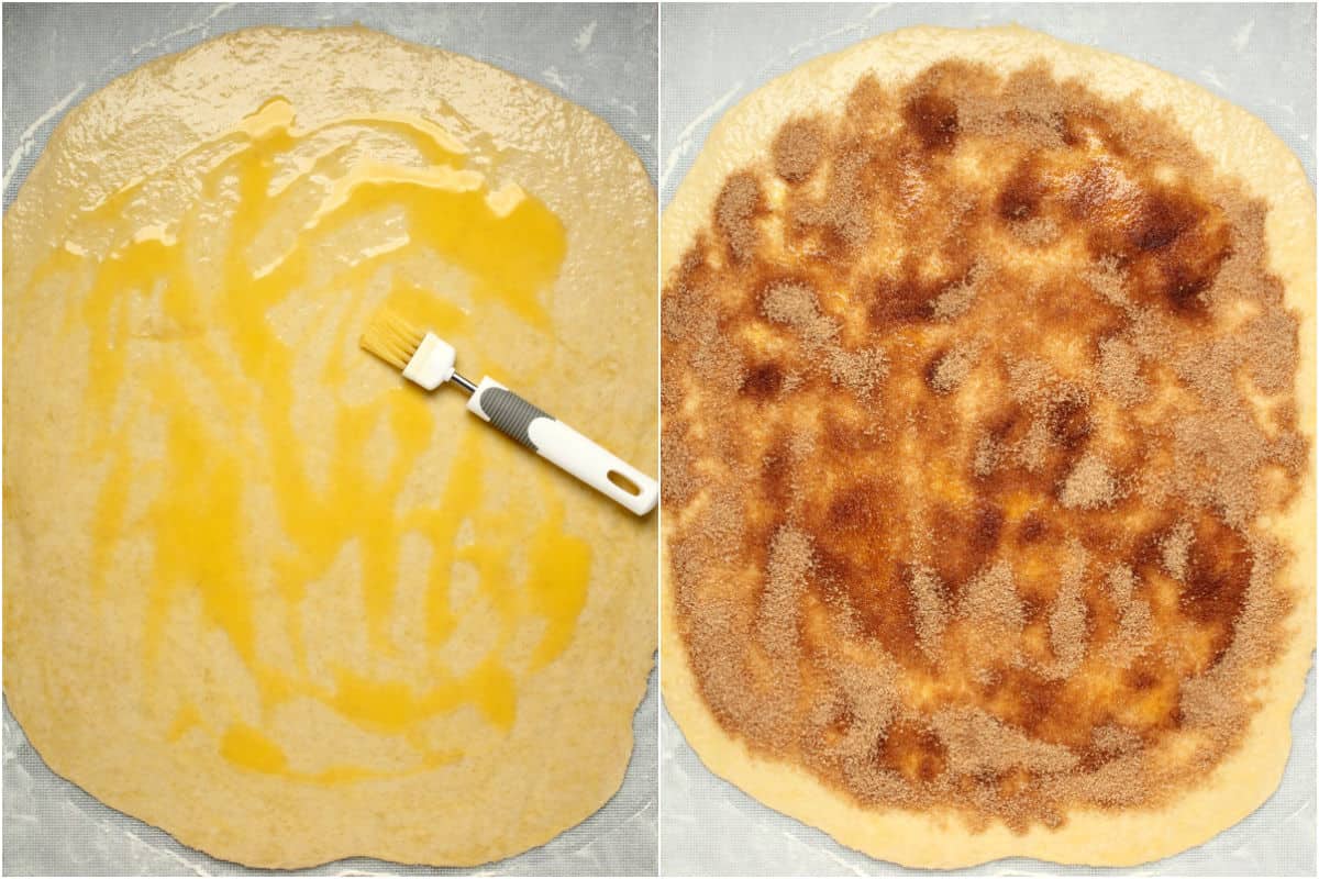 Two photo collage showing brushing the rolled out dough with melted butter and then adding brown sugar.
