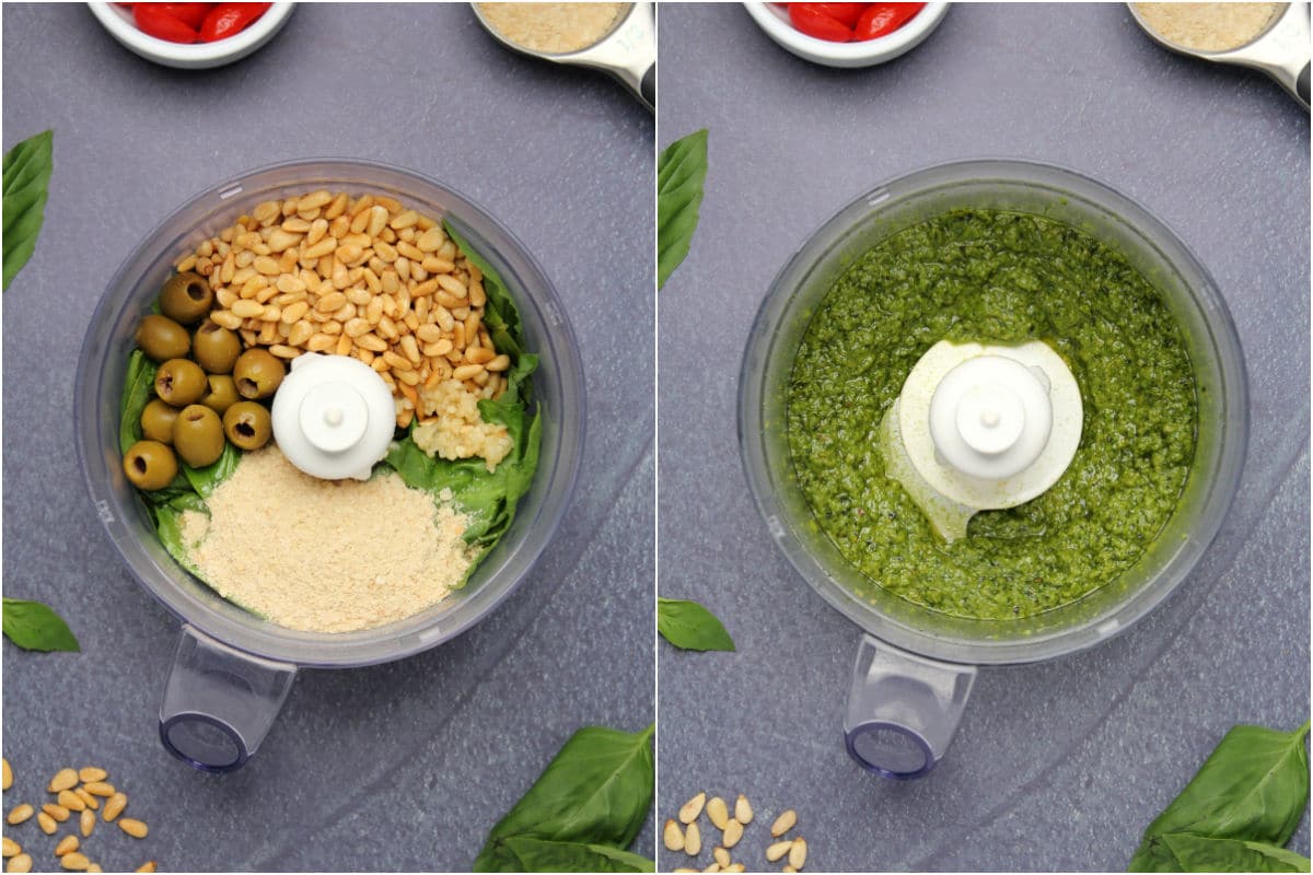 Ingredients for pesto added to food processor and processed.