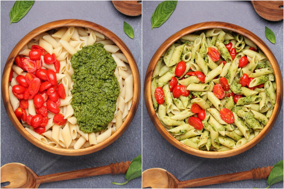Cooked pasta, pesto and cherry tomatoes added to wooden bowl and tossed.