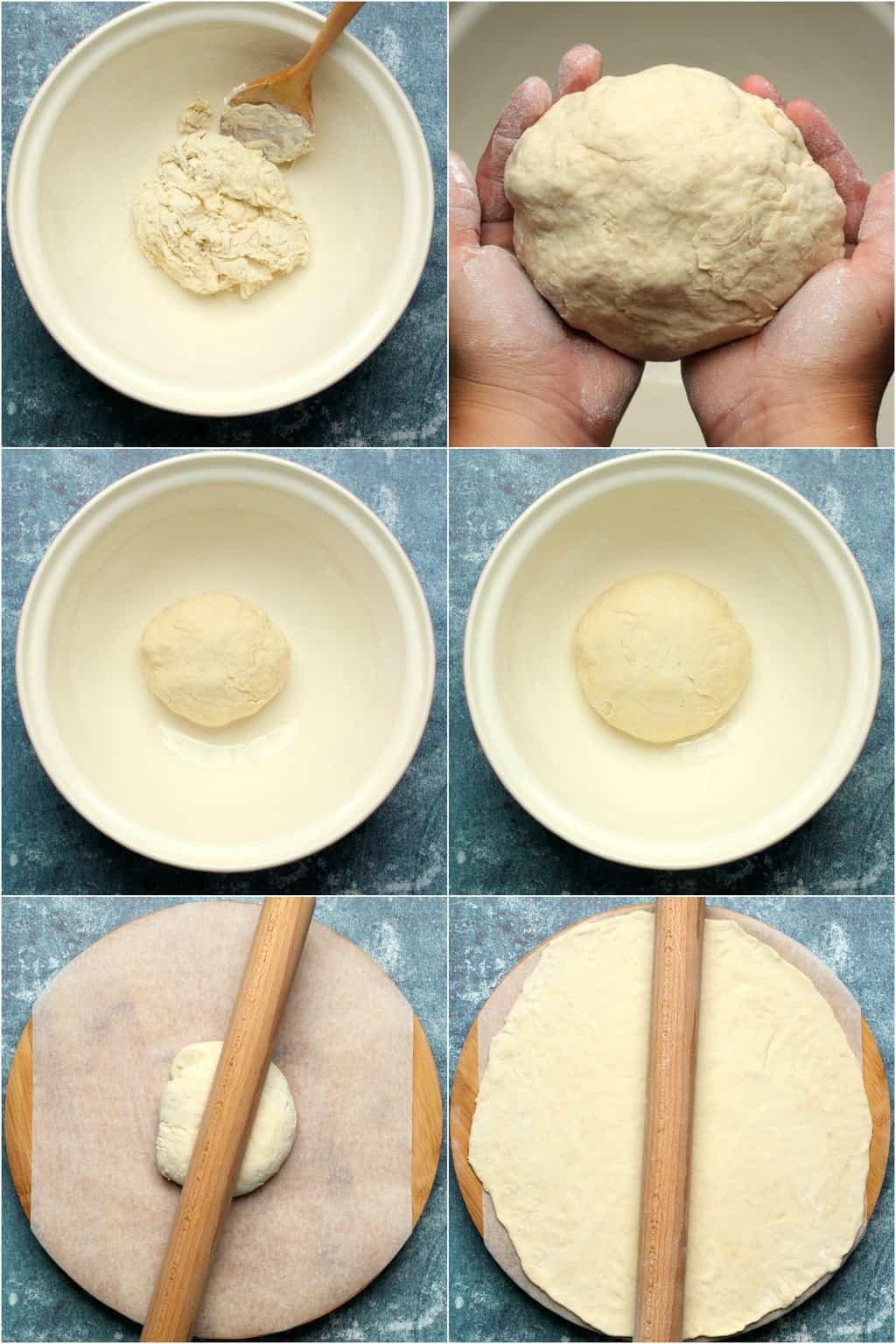Step by step process photo collage of making vegan pizza dough. 