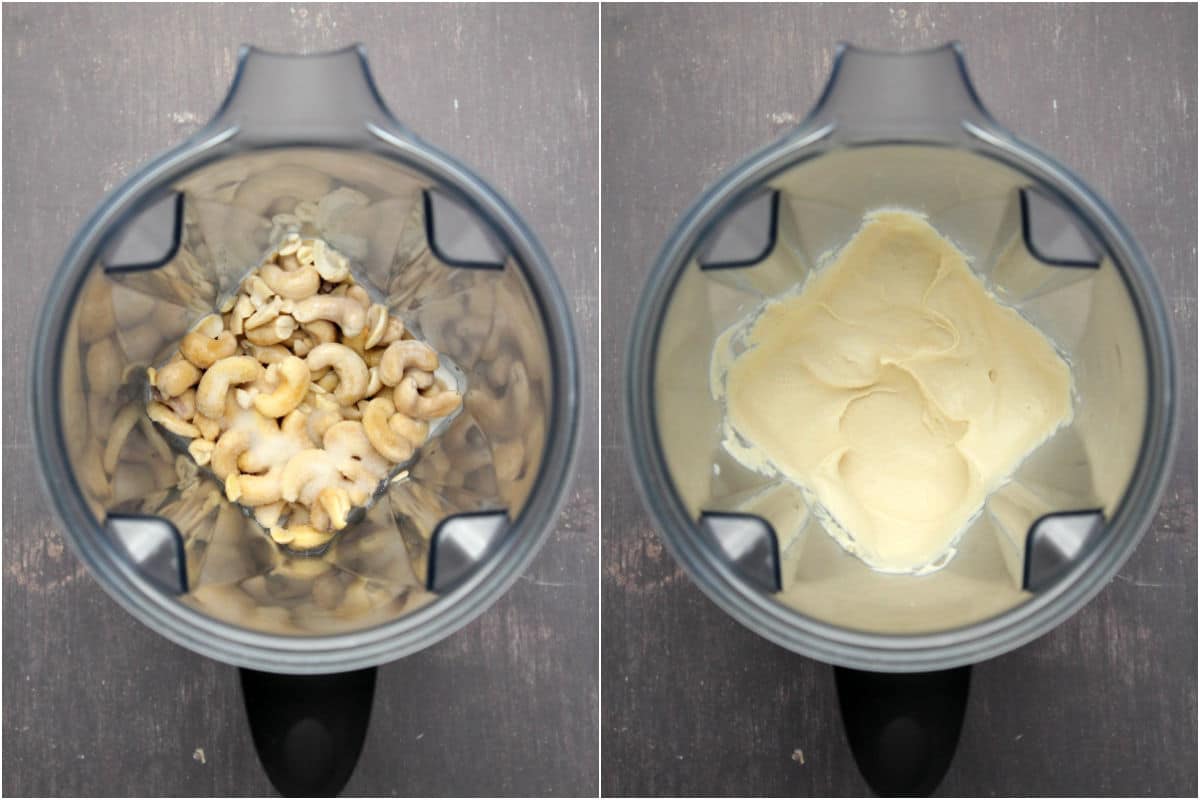 Two photo collage showing ingredients for vegan cream cheese added to blender and blended. 
