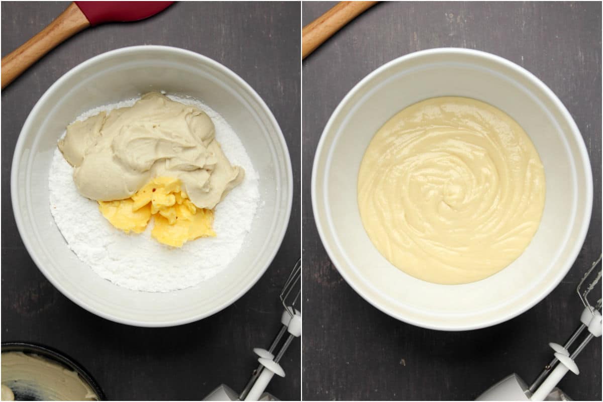 Two photo collage showing ingredients for vegan cream cheese frosting added to mixing bowl and whipped into frosting.