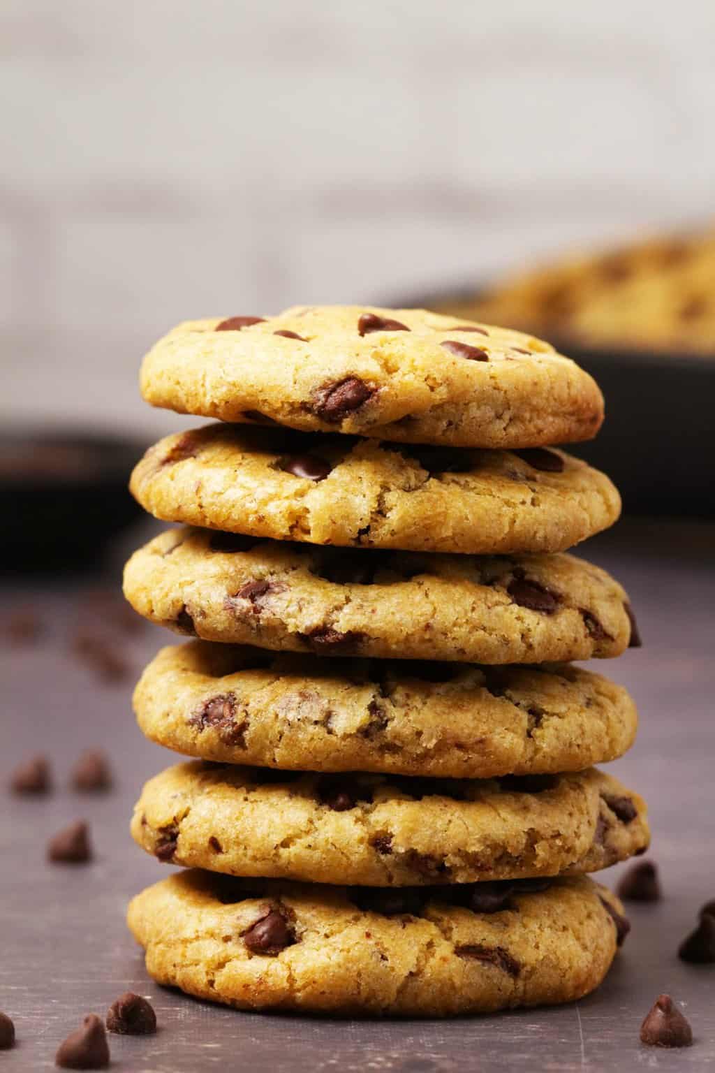 Vegan gluten free chocolate chip cookies in a stack. 
