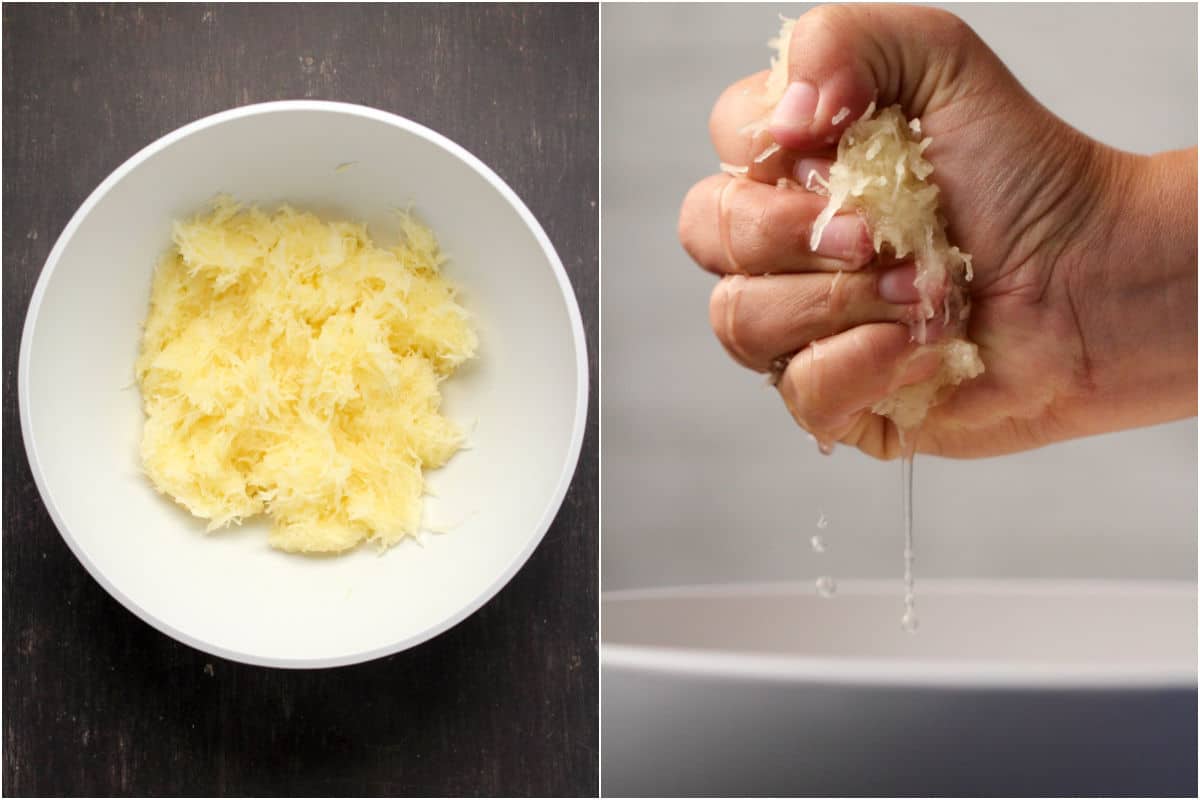 Drained shredded potato in a bowl and then being squeezed to remove excess water.