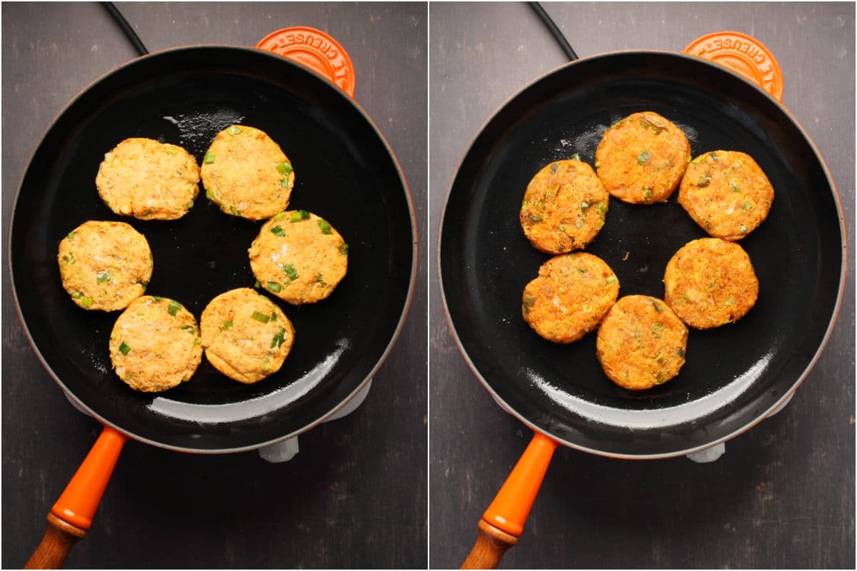 Adding hash browns to a frying pan and then flipping.