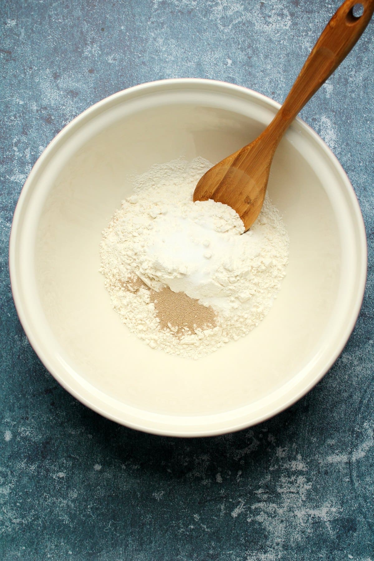 Dry ingredients added to mixing bowl. 