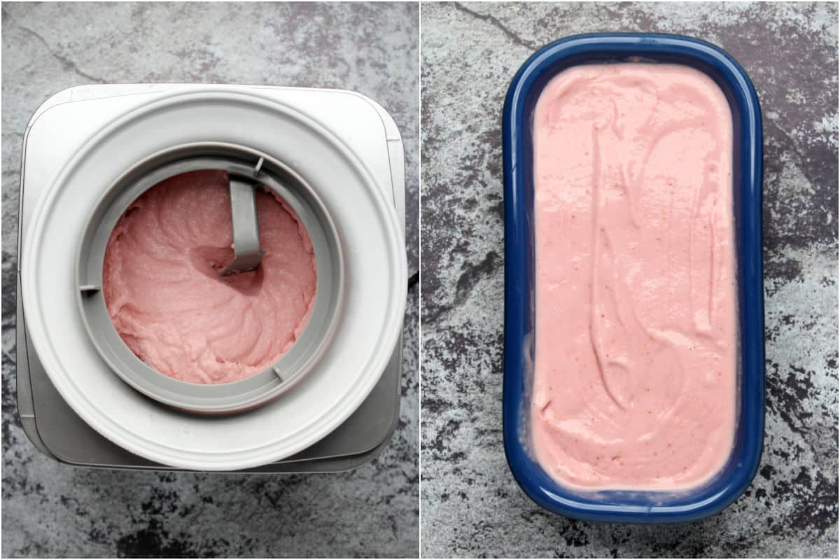 Strawberry ice cream churning in an ice cream machine and then smoothed down into a loaf pan.