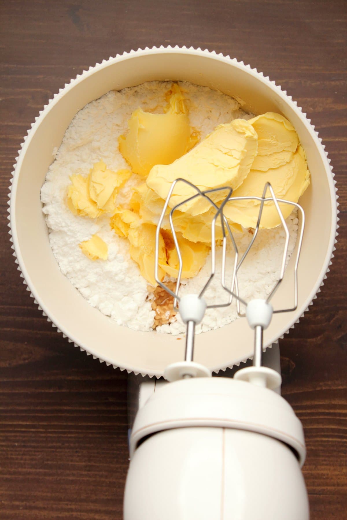 Vegan butter, powdered sugar, salt and vanilla in a stand mixer. 