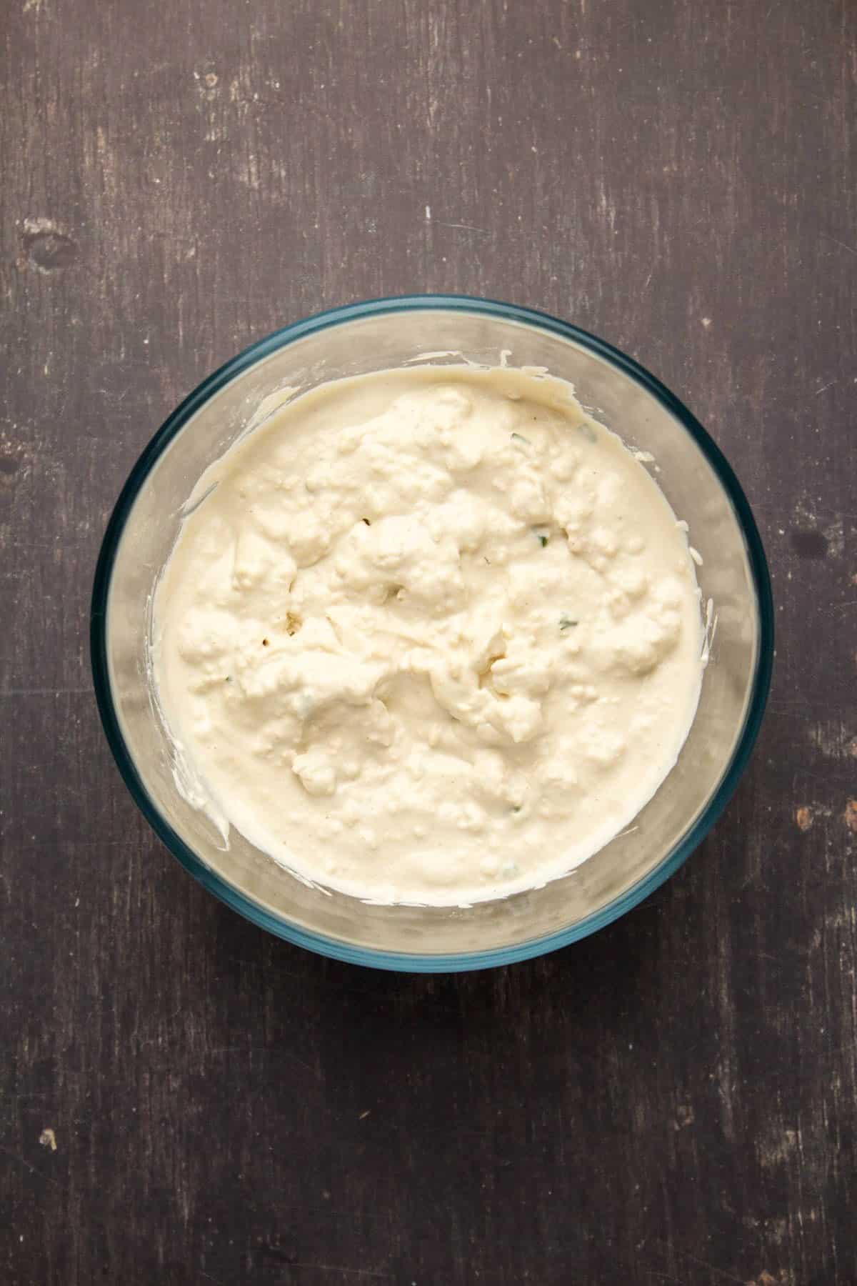 Vegan cottage cheese in a bowl.