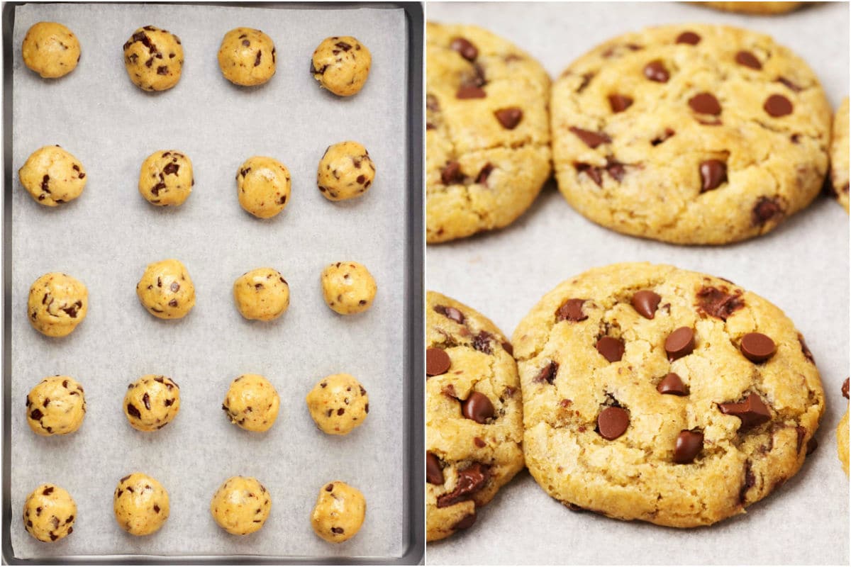 Two photo collage showing cookie dough rolled into balls on a parchment lined tray and then baked.