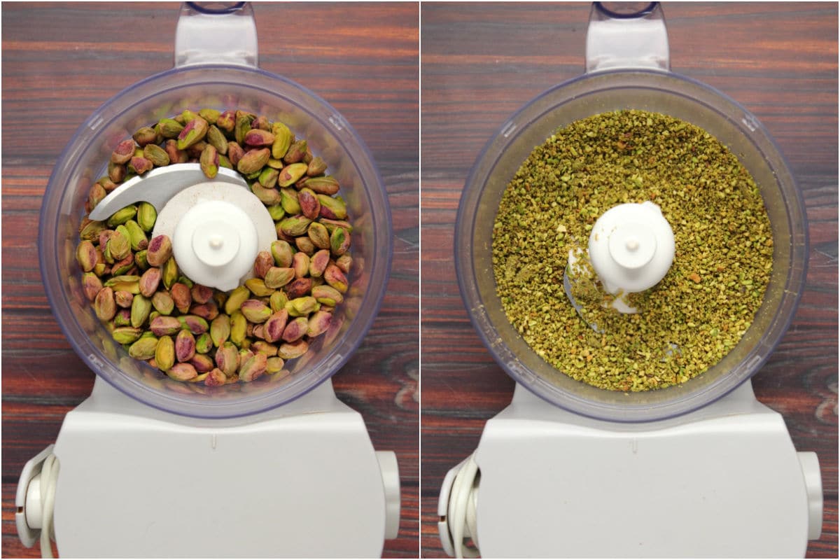 Pistachios added to food processor and processed into crumbs. 