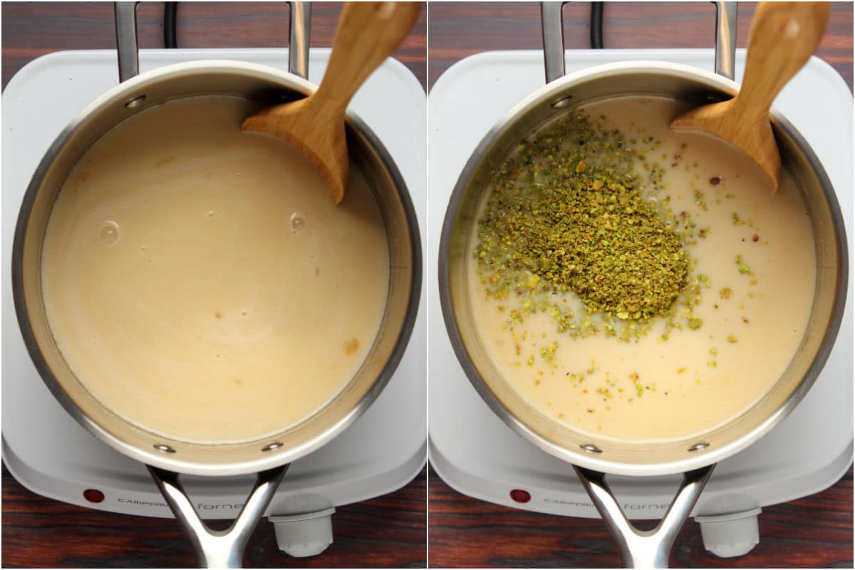 Pistachio ice cream mix heated on the stove and then pistachios added.