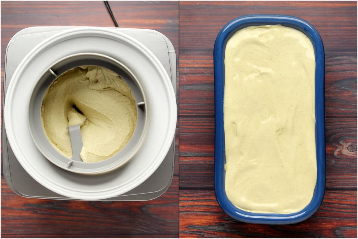 Pistachio ice cream mix in ice cream machine and then in a loaf pan.