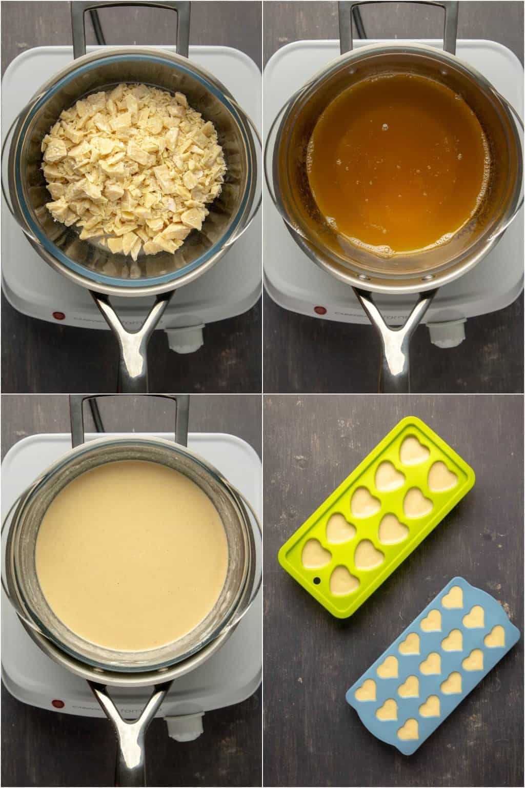 Step by step process photo collage of making vegan white chocolate.