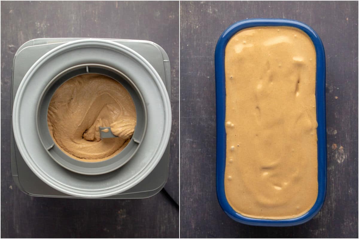 Ice cream churning in an ice cream machine and then smoothed down into a loaf pan.