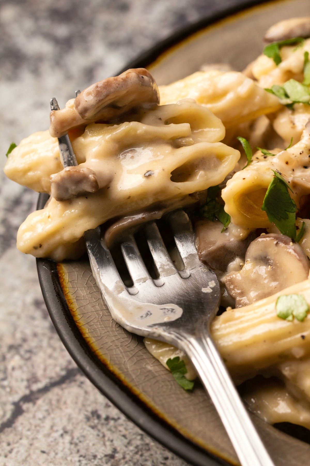 A forkful of vegan mushroom pasta. 