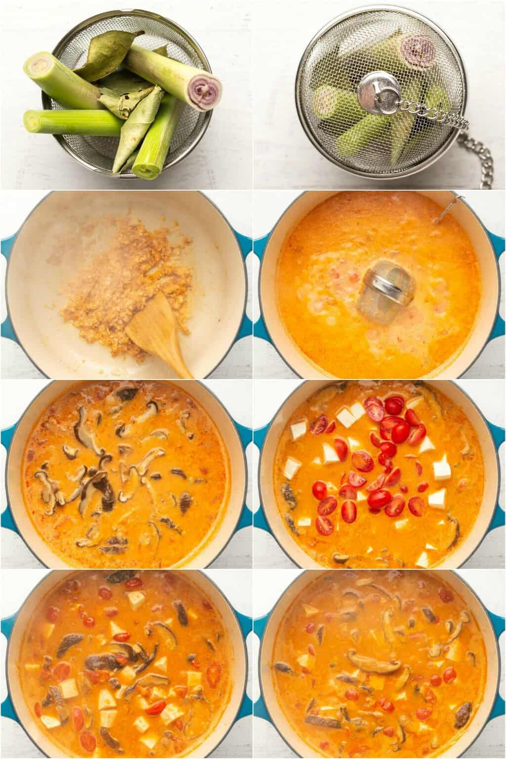 Step by step process photo collage of making vegan tom yum soup. 