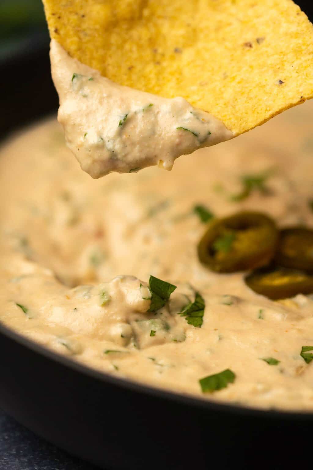 Tortilla chip topped with cashew queso. 